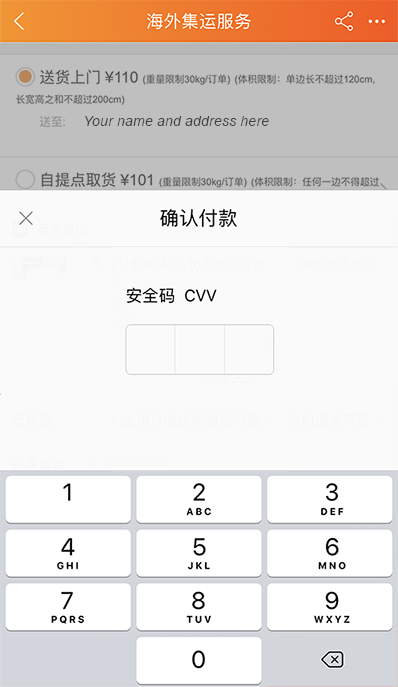 Enter CVV to confirm transaction in Alipay